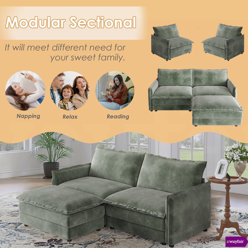  Shugar  75"W Stylish Corduroy Modular Sectional With One Ottoman, Green Conduroy