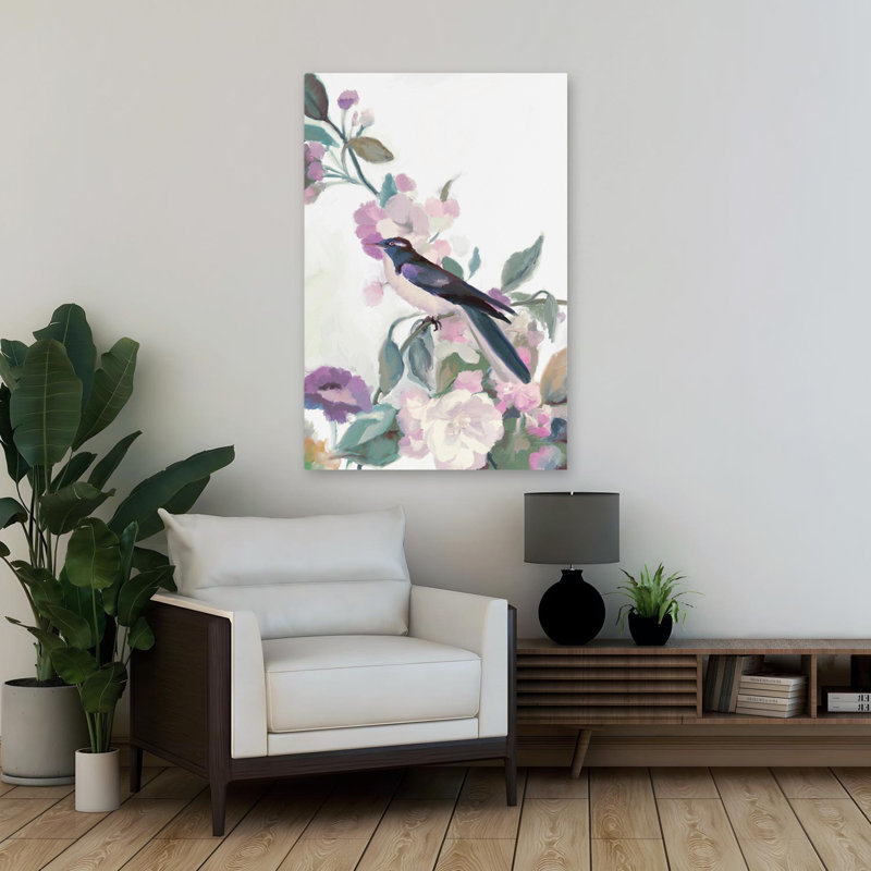 Petite rose et oiseau - grange contemporaine dans l'herbe, champ maussade, H 36 po x l 24 po