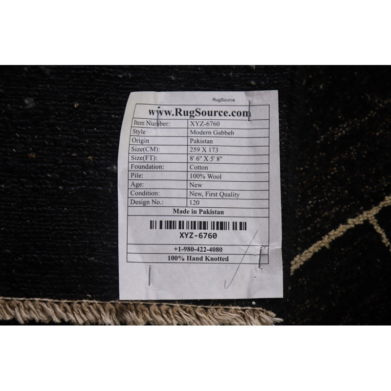 Tapis géométrique noir en laine noué à la main à motif géométrique 5 pi 8 po x 8 pi 6 po