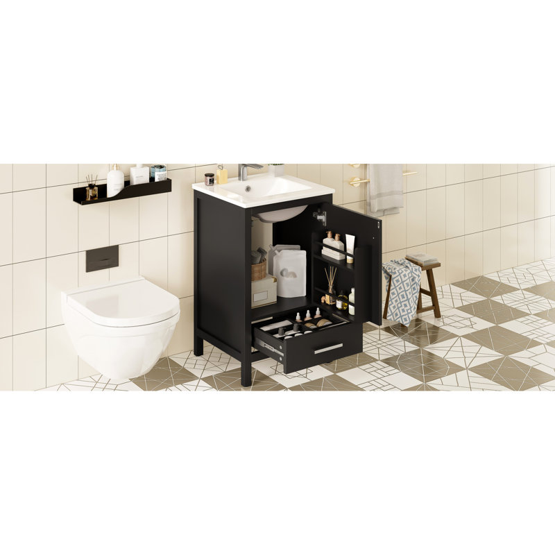 Meuble-lavabo compact de 20 pouces avec rangement intelligent, tiroir à fermeture en douceur et porte à double couche pour un rangement optimal Poignée élégante, mécanisme, petite organisation de tiroir