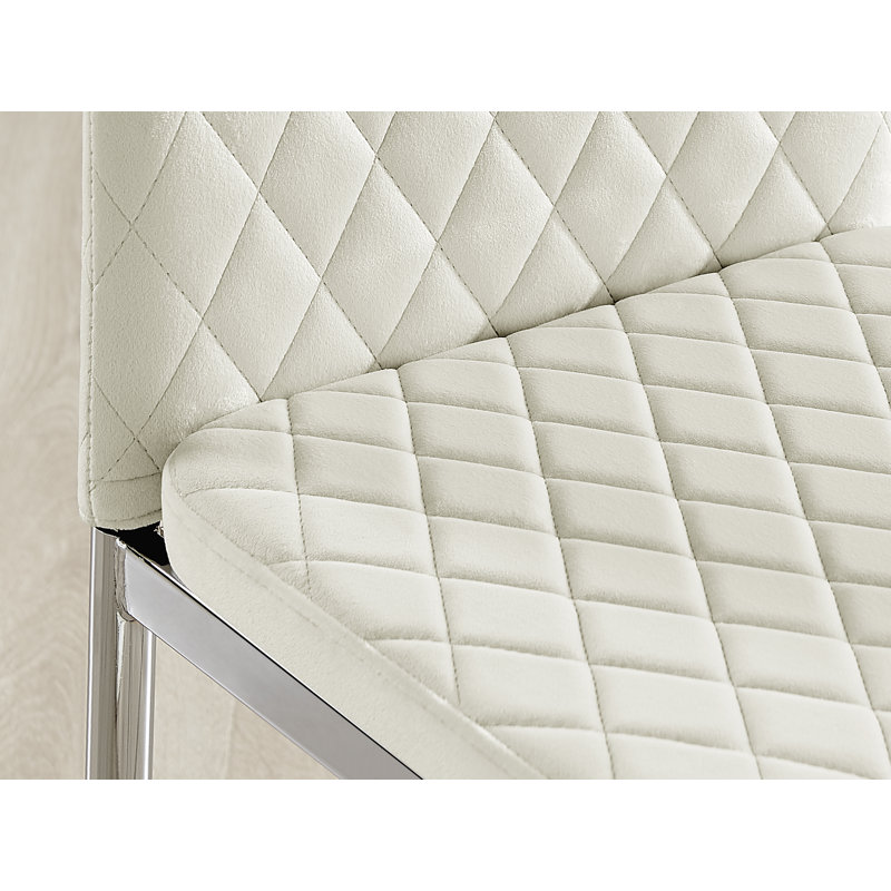 Lenworth Glass Rectangular Dining Table Set with 4 Quilted Velvet Dining Chairs, Cream, Silver