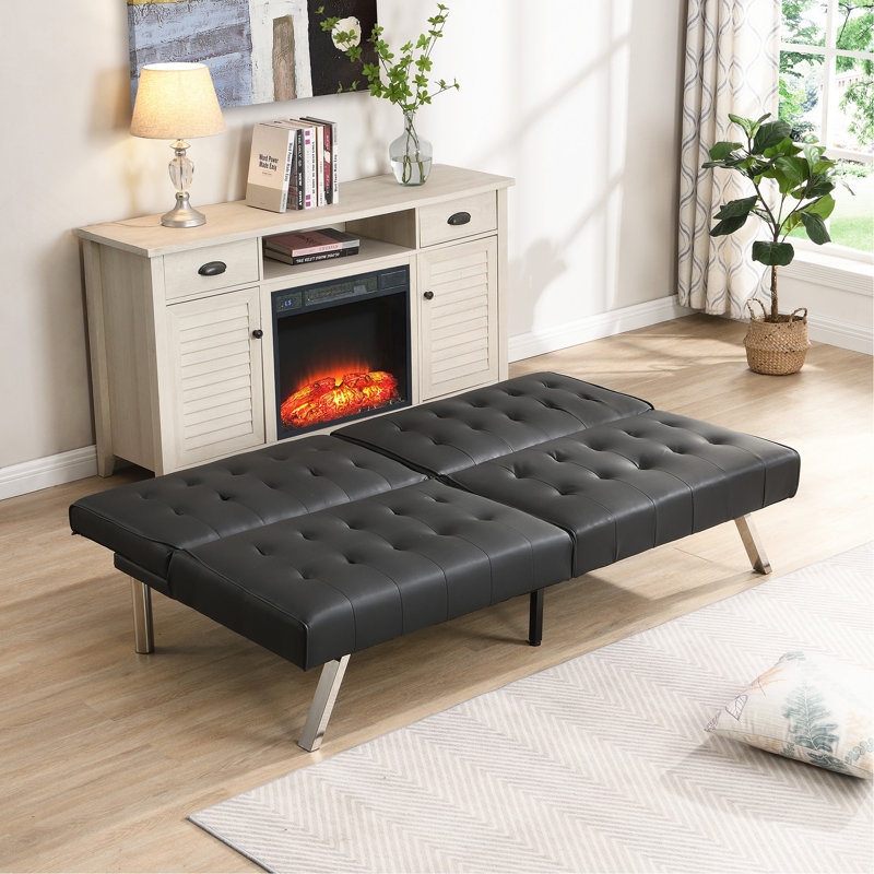 Structure en bois, pieds en acier inoxydable, futon, canapé-lit en PVC noir