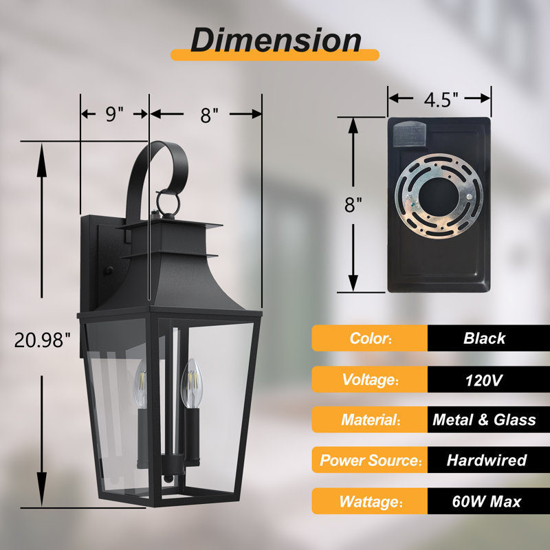 2 - Light 𝟮𝟬-𝗜𝗡𝗖𝗛 Black Iron Clear Tempered Glass Outdoor Wall Lantern with Dusk to Dawn, Matte Black