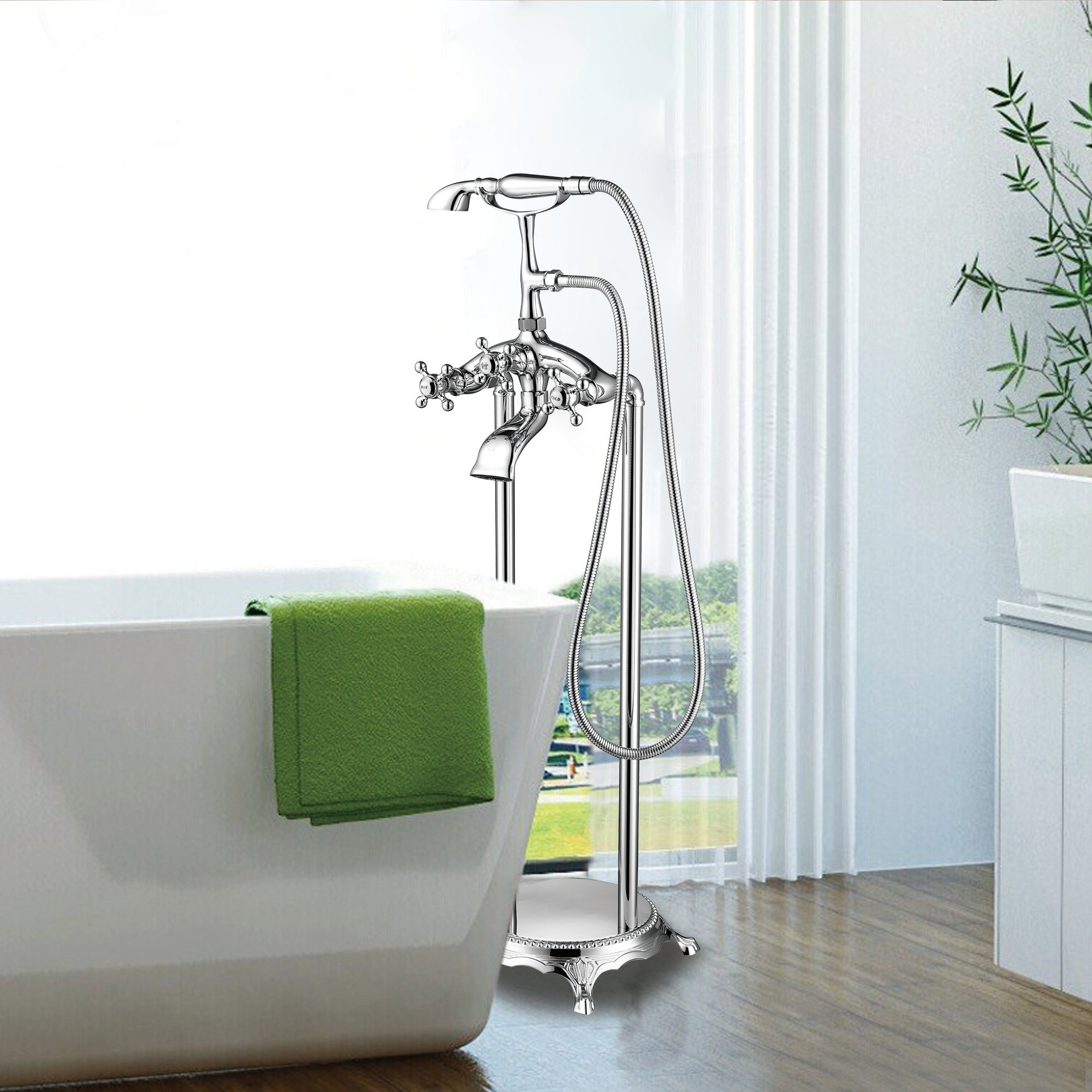 Floor Mounted Clawfoot Tub Faucet Trim, Polished Chrome