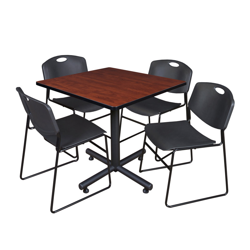 Nicklas square break room table, 4 Zeng stacking chairs, Cerisier, 29" H x 48" L x 48" D, Bleu