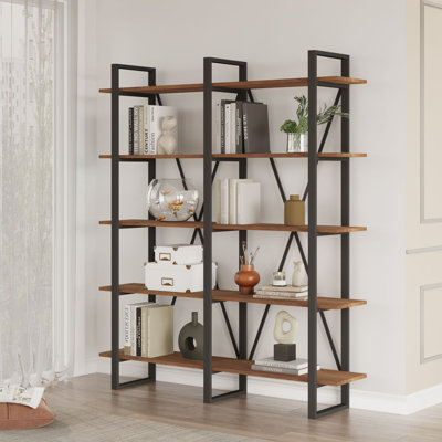 Modern Walnut Bookshelf with Metal Legs, 60.8 x 70.9 x 13.4 Inches | 100% Melamine Coated Particle Board, Thickness: 0.7 Inches | Stylish Industrial Design for Home or Office, Durable & Elegant Storage Solution