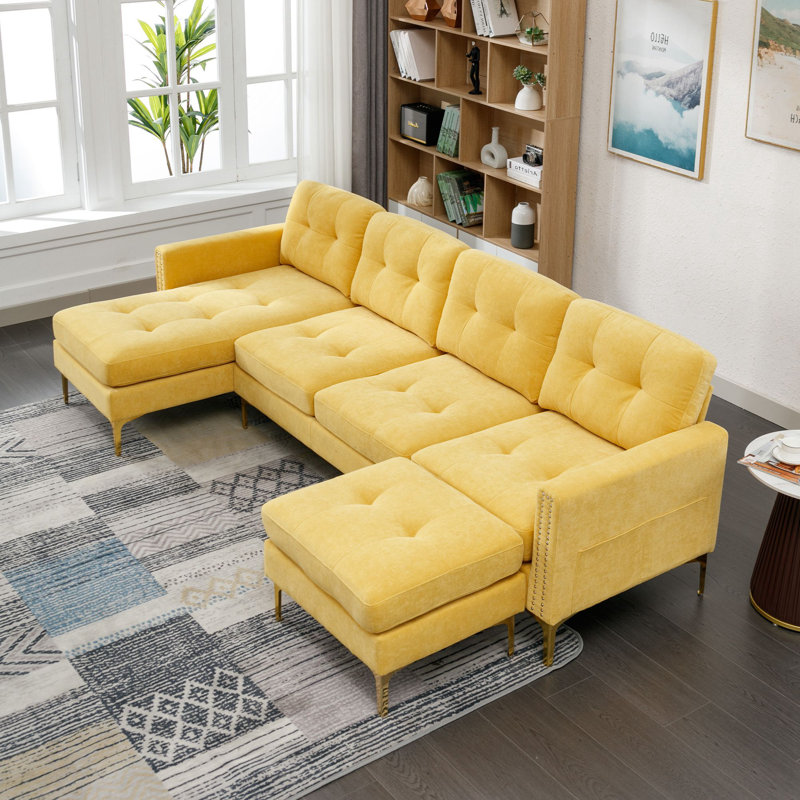 Jiuliana Upholstered Sectional Reversible, Yellow Velvet, Gold