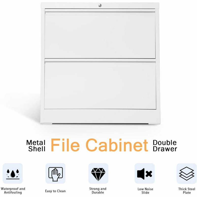  28.25 Inch Locking 2 Drawer Metal Office Storage Filing Cabinet, White