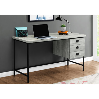 Bureau à domicile avec comptoir en stratifié gris de 55 po, 3 tiroirs de rangement, structure en métal noir, compartiments au design simple et moderne, stratifié, métal, organisé