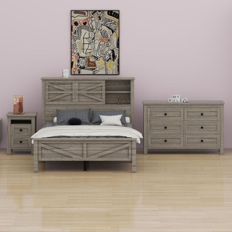 Ensemble de chambre à coucher 3 pièces avec lit plateforme Farmhouse, Gris antique