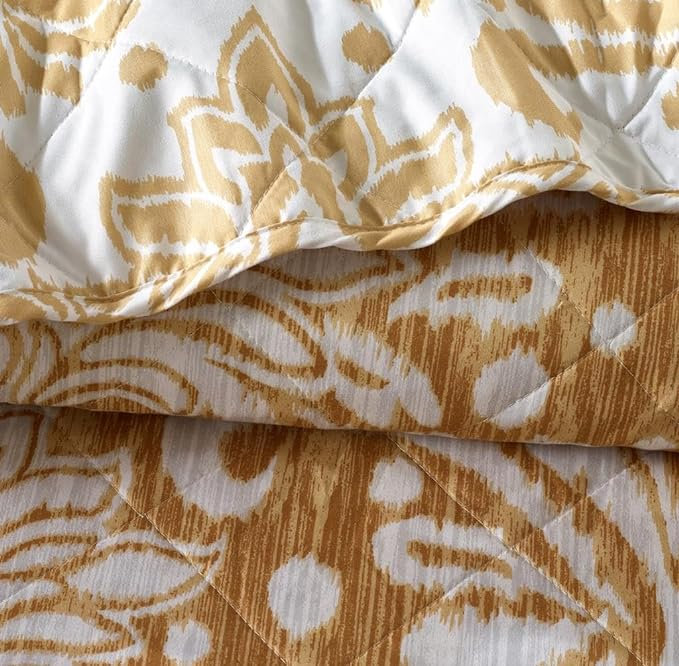 Andrena Bedspread with Pillow Shams Included, Super King Bedspread + 2 Standard Pillow Shams, Damask, Gold