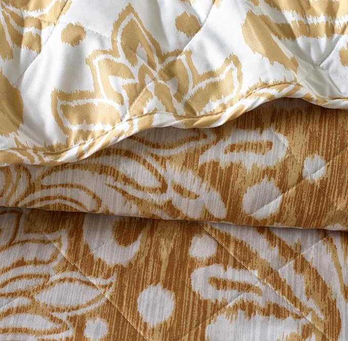 Andrena Bedspread with Pillow Shams Included, Super King Bedspread + 2 Standard Pillow Shams, Damask, Gold