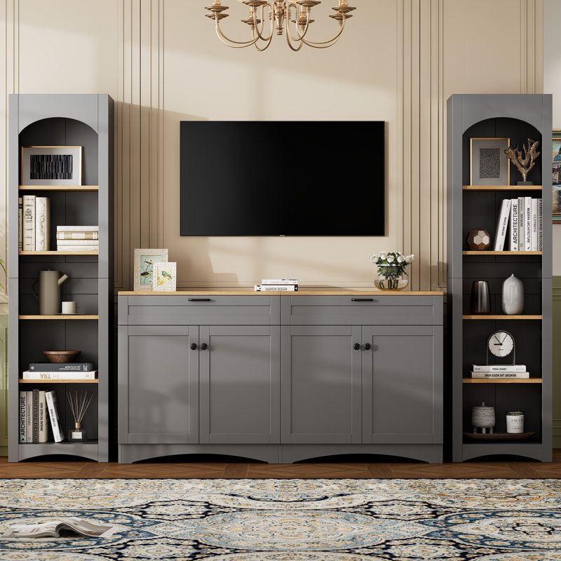 3-Piece Mid-Century Storage Cabinet Set With Bookshelf And Adjustable Shelves, Grey