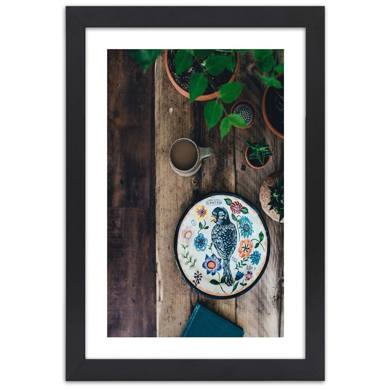 Embroidered Bird - Single Picture Frame Print, 100cm H x 70cm W, Black Framed Paper