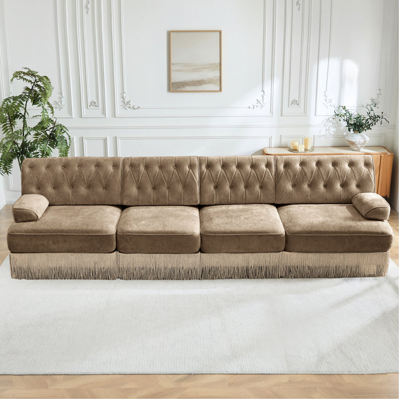 Velours camel 4 de style avec jupe à pampille, conception modulaire, facile à assembler, mousse haute pour salon modulaire, molleton doux, haute résilience