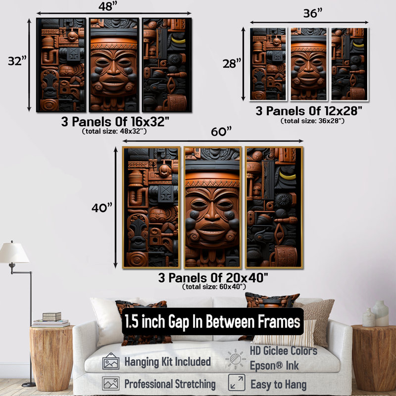 Brun et noir, motifs de Kuba africain - Masque africain, art mural, H 32 po x l 48 po, Cadre flottant brun