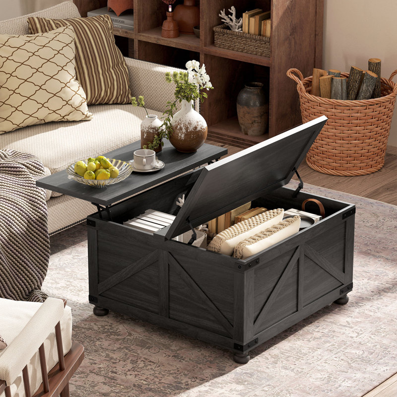 Table basse à plateau relevable avec compartiment caché, grain de bois, Noir