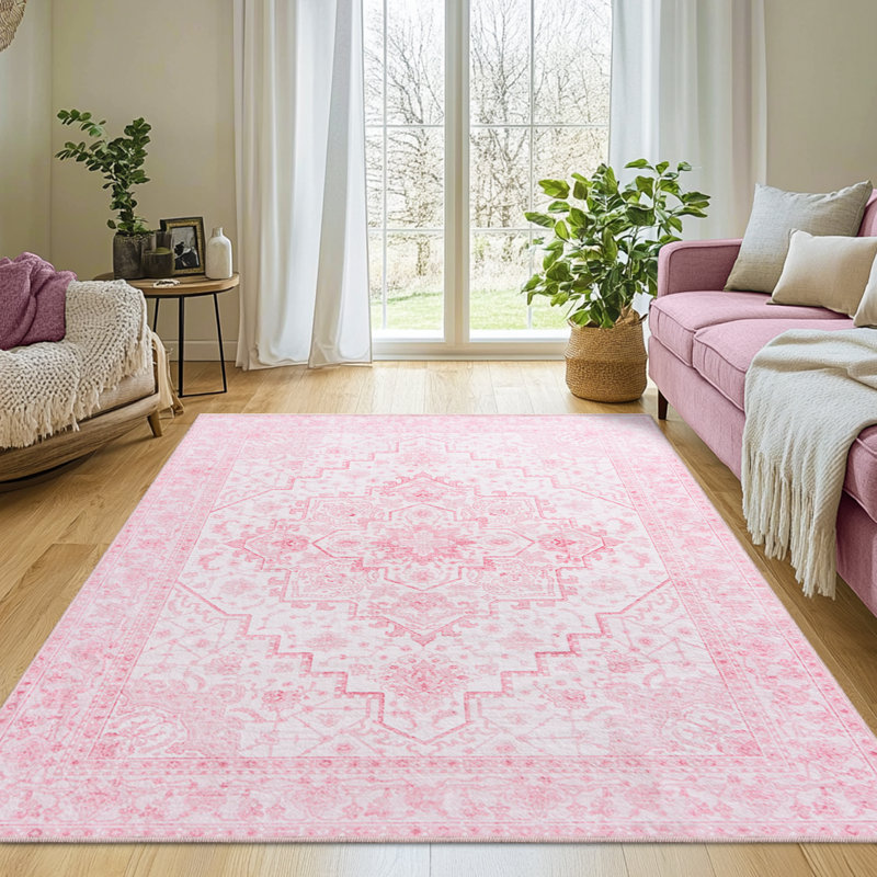 4x6ft Machine-washable Carpet, Cashmere-Look Rug with Non-Slip Backing and Durable Edging, Bohemian Style Rug Suitable for Living Room, Bedroom, Dining Room
