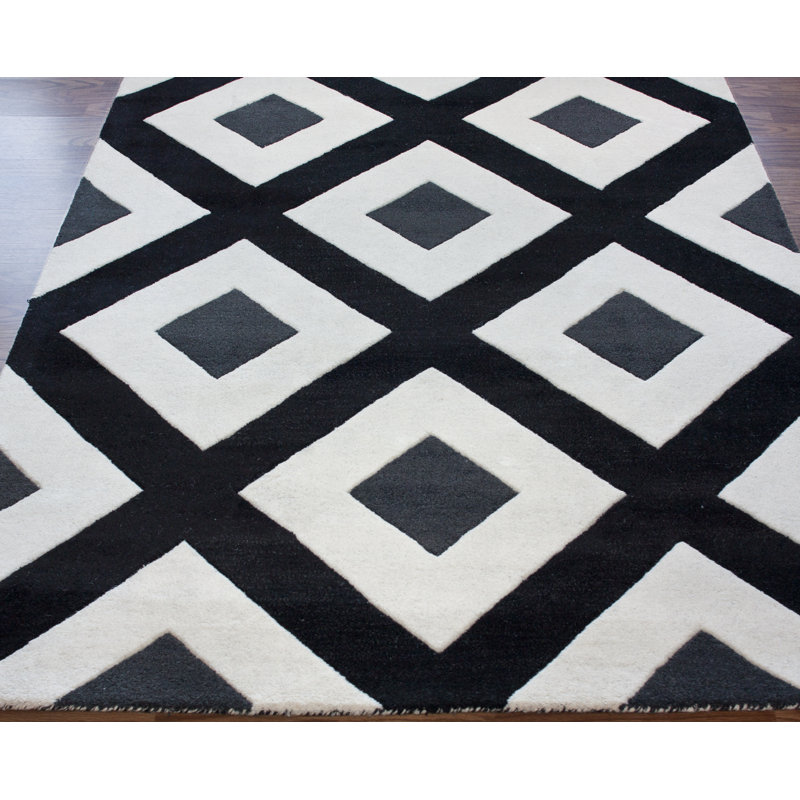 Tapis noir/blanc en laine touffeté à la main diamants Trapp, Rectangle 5 pi x 8 pi