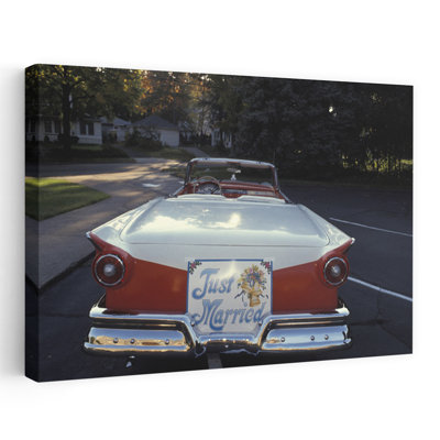 1950S Just Married Sign On Back Of Ford Convertible Car Retro Vintage Tree Architecture Wall Art