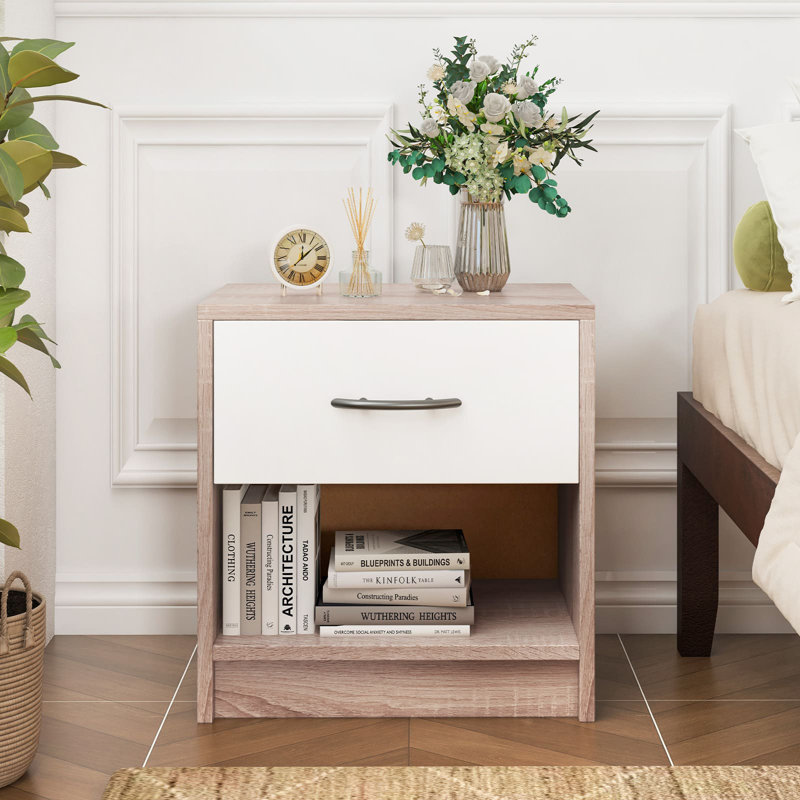 38cm W Particle Board Bedside Table, White/Brown