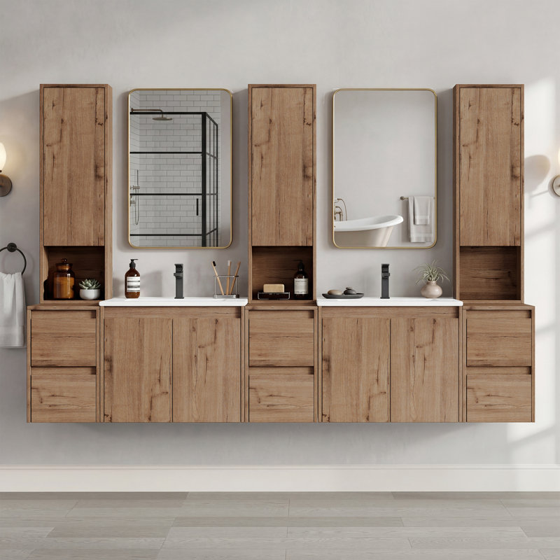 84" Floating Double Bathroom Vanity with Upper Cabinet, Ceramic Sink and Handle-Free Design, 84"