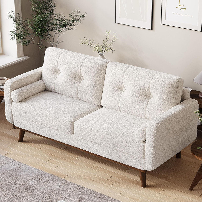 65" Mid Century Loveseat, 2-Seater Teddy Boucle Couch with Deep Seat for Small Space Living Room & Office, Beige