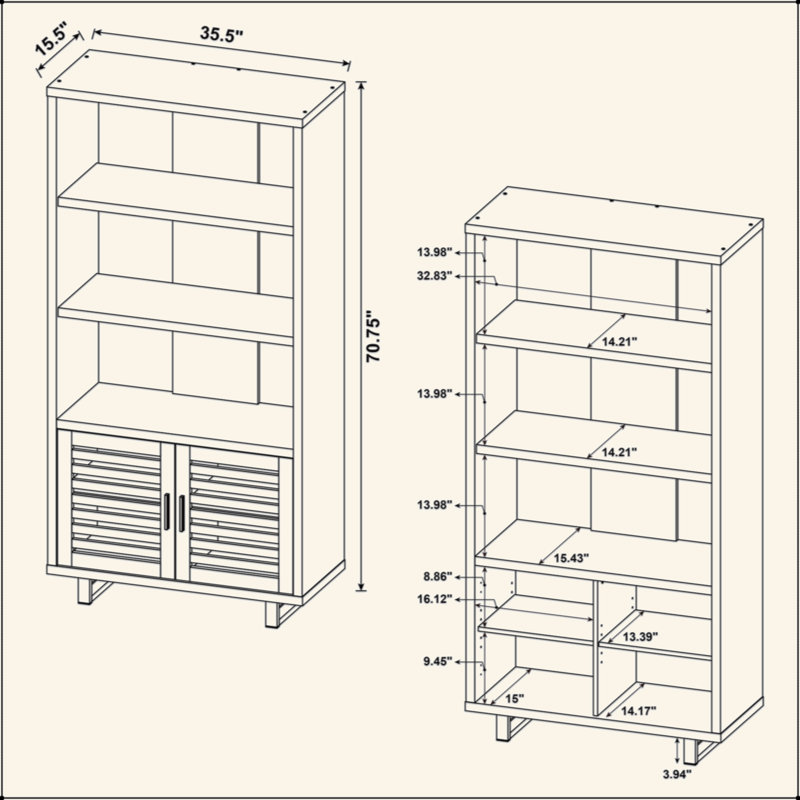 Bibliothèque à 3 tablettes avec armoire à portes à lattes, conception à dossier partiellement ouvert, mélamine résistante aux égratignures, dispositif anti-basculement, pour le bureau à domicile / salon