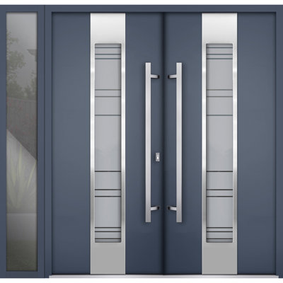 Front Exterior Prehung Metal Double Doors / Deux 0757 Gray Graphite Frosted Glass / Sidelite Exterior Window / Entry Modern Painted Left Inswing Active Door 84" x 80"