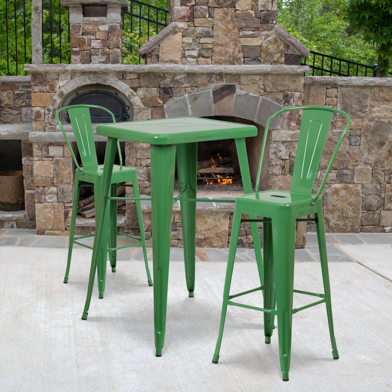 Toquerville Square Metal Indoor-Outdoor Bar Table Set with 2 Stools with Backs, Green