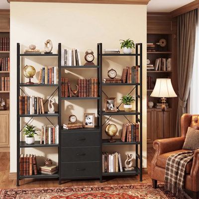 Étagère à 5 niveaux, bibliothèque triple avec 13 tablettes ouvertes et 3 tiroirs en tissu, noir