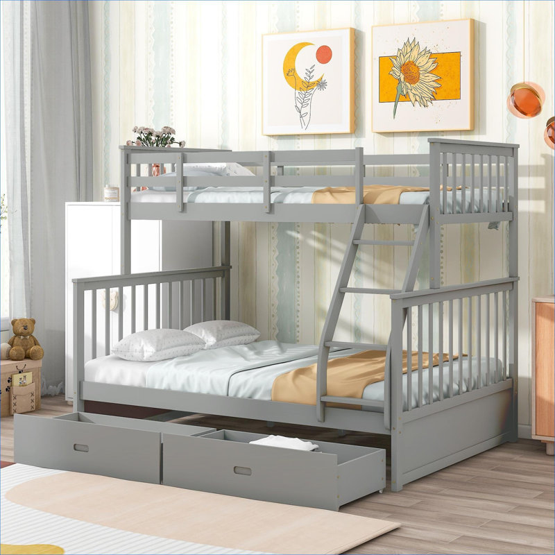 Lit superposé simple au-dessus d'un lit double en bois massif gris classique avec tiroirs de rangement, échelle et garde-corps pour chambres