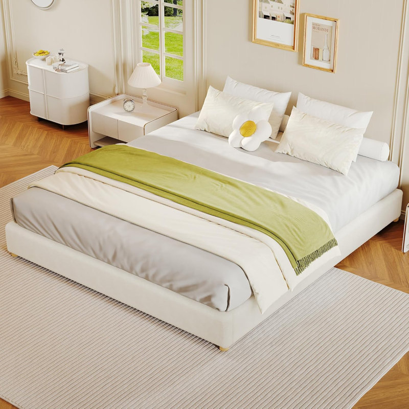 Cloud Bed Frame, Upholstered Platform Bed with Wood Legs, Beige, Full