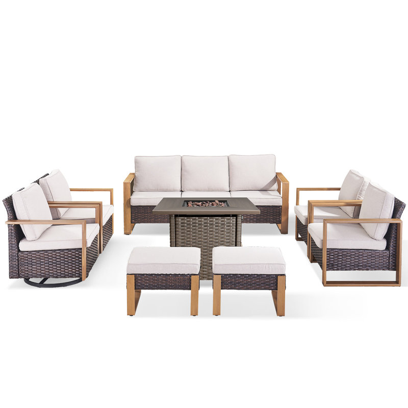 Palomares 8-Piece Outdoor Conversation Set With Swivel Gliders And Square Fire Pit Table, 9-Person Wicker Patio Seating With Armchairs