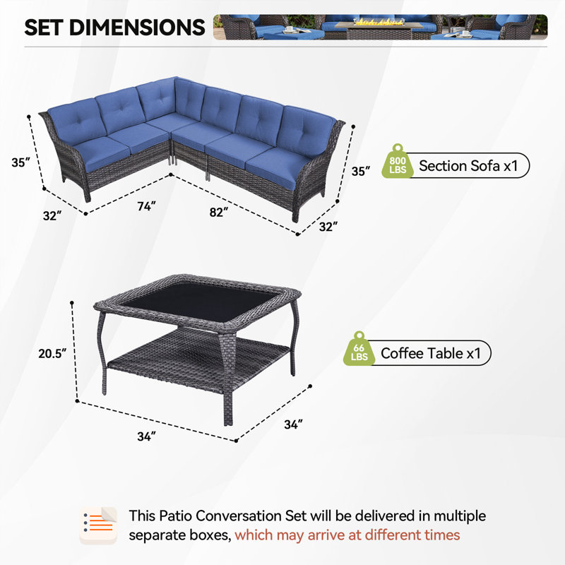 Ensemble de conversation en polyéthylène (PE) pour 6 personnes avec coussins, Bleu