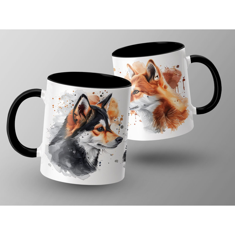 Watercolor Wolfdog Fox Design 11oz Coffee Mug, Black, 3