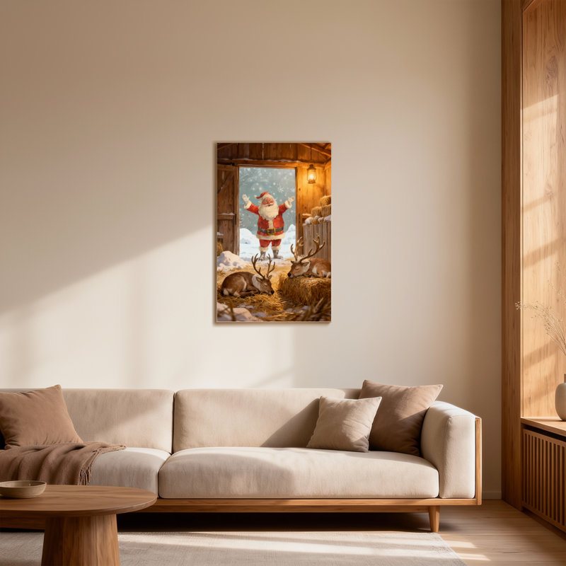 Noël, père Noël, renne, grange, scène hivernale, H 40 po x l 28 po