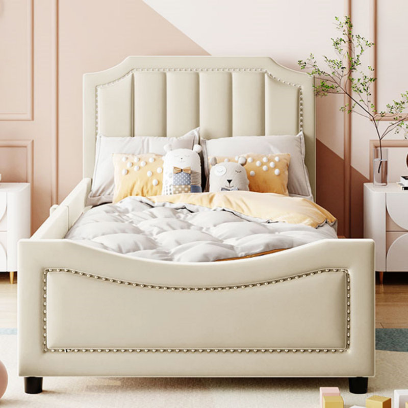 Lit de jour rembourré avec tête de lit à rayures classique, taille simple, Beige