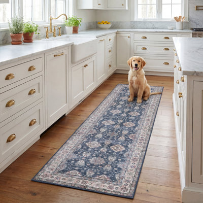 Tapis oriental en polyester tissé à la machine bleu marine / beige Pashen