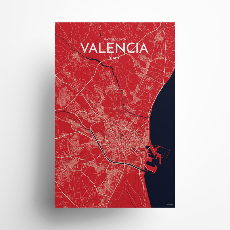 Valencia, carte de la ville, impression, H 17 po x l 11 po, Rouge / bleu marine