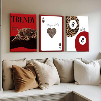 Ensemble de 3 impressions sur toile léopard à la mode Funky Red Lucky 8 balles d'affiches d'affiche style BCBG, guépard, décoration murale, pour les filles, chambre, appartement, dortoir, décoration 12 x 16 po