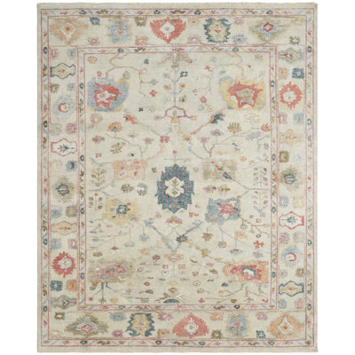 Galena Hand Knotted Wool Oriental Area Rug in Cream; Blue; Vintage Linen; Rose
