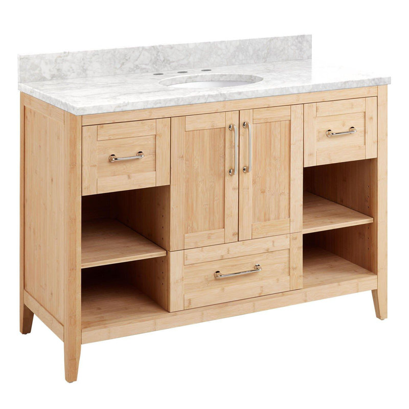 Ensemble de meuble-lavabo simple 48 po avec lavabo encastré ovale Burfield, Marbre de Carrare, Blanc, 8 po