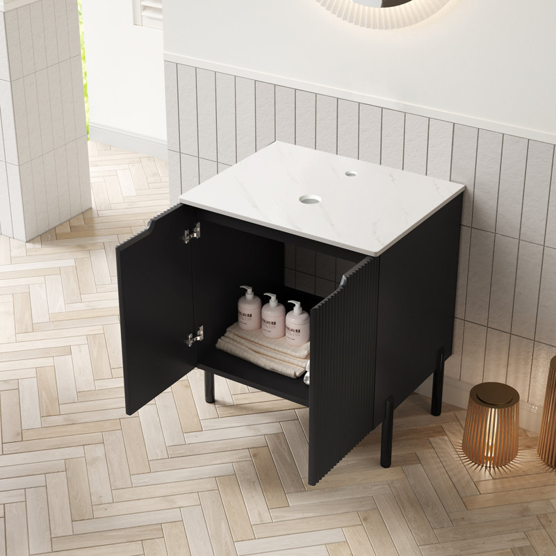 Armoire de base de meuble-lavabo compacte en pierre frittée 24 po, salle de bain moderne