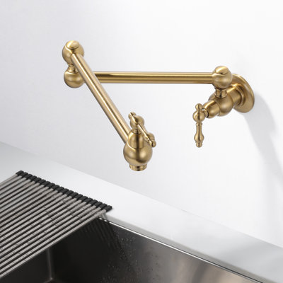 Brass Wall Mount Pot Filler with 2-Aerators and Brass Valve, Double Handle Kitchen Faucet