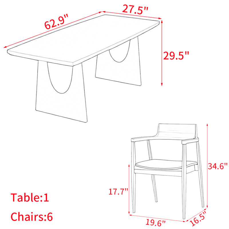 Modern simple solid wood dining table set., 29.5”H x 62.9”L x 27.5”W