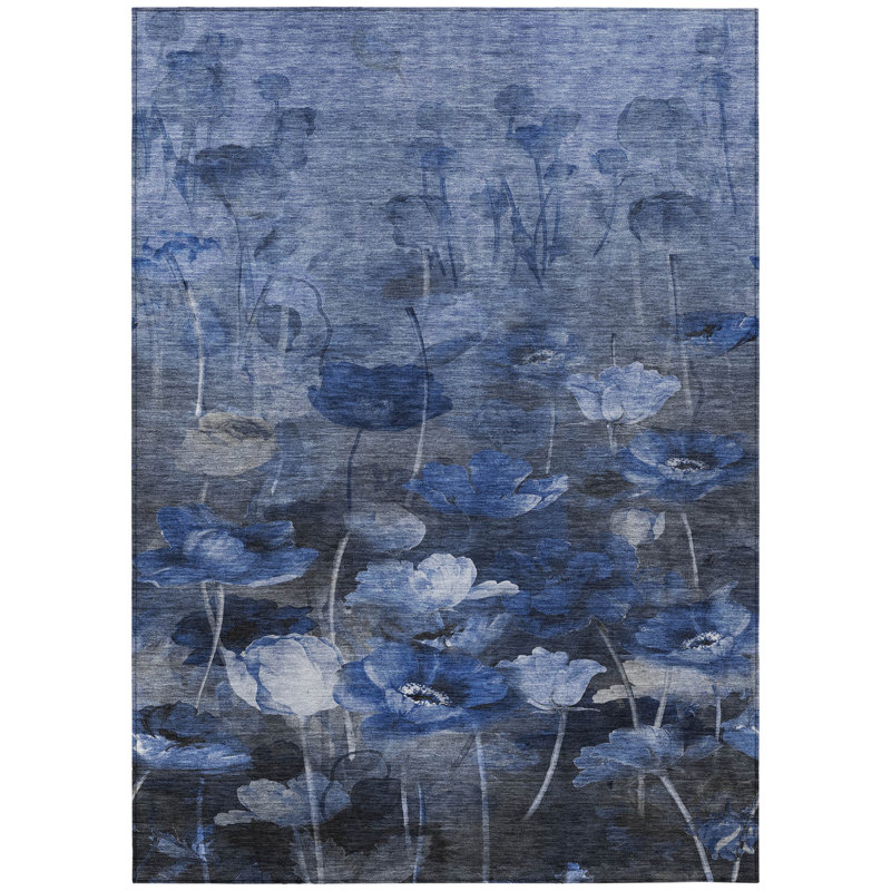 Tapis extérieur lavable floral bleu marine et bleu denim 5 pi x 8 pi