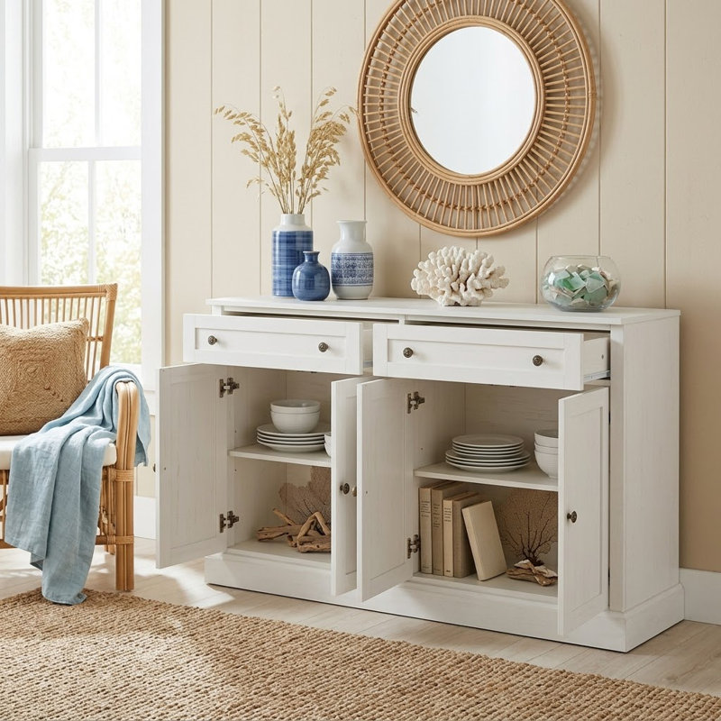 Buffet en bois de 60,01 po de largeur avec 2 tiroirs et 2 armoires, Blanc antique