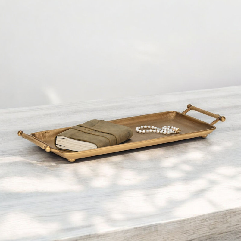 Syla Black Metal Tray with Wicker Wrapped Handles, 1.75" H x 21.5" W x 8.5" D