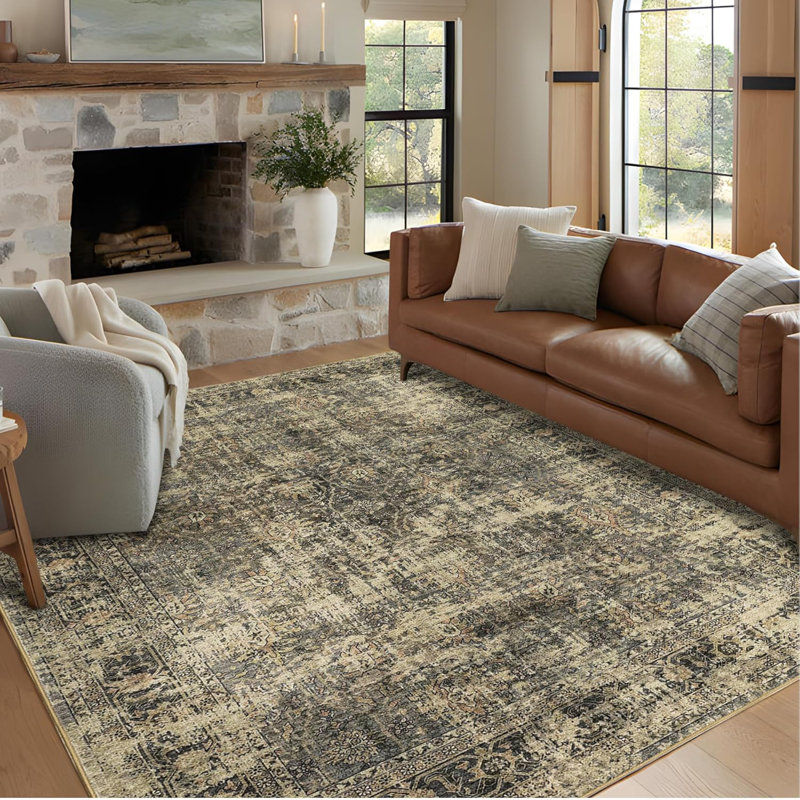 Washable Non-Slip Vintage Area Rug Hallway Bedroom Living Room Kitchen Soft Floor Stain-Resistant Low Pile Laundry Room Green
